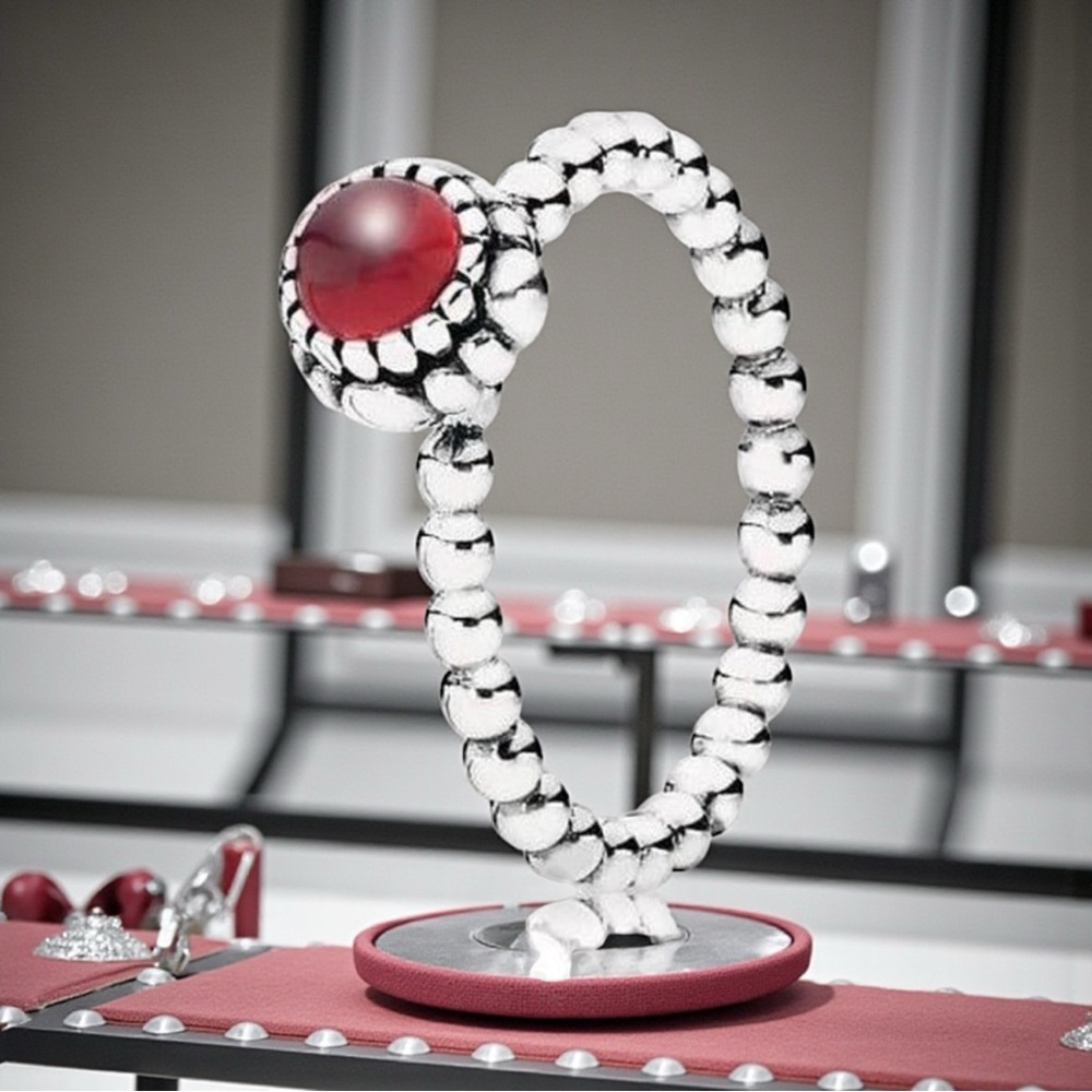 Silver Beaded Ring with Red Gem Birthday Bloom January Size 7